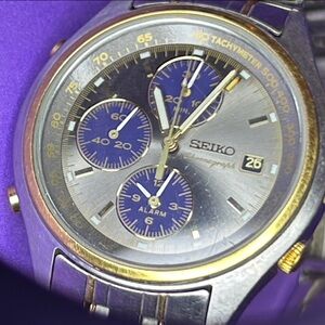 Seiko Two-Tone Chronograph with Blue Dials. Vintage.